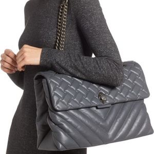 $ 375 KURT GEIGER XXL Kensington Quilted Leather Shoulder Bag Gray NWT